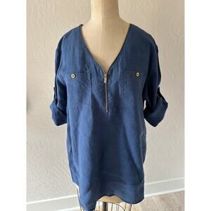 ELLEN TRACY Women’s 100% Linen V neck Tunic Roll Tab Sleeve Blue